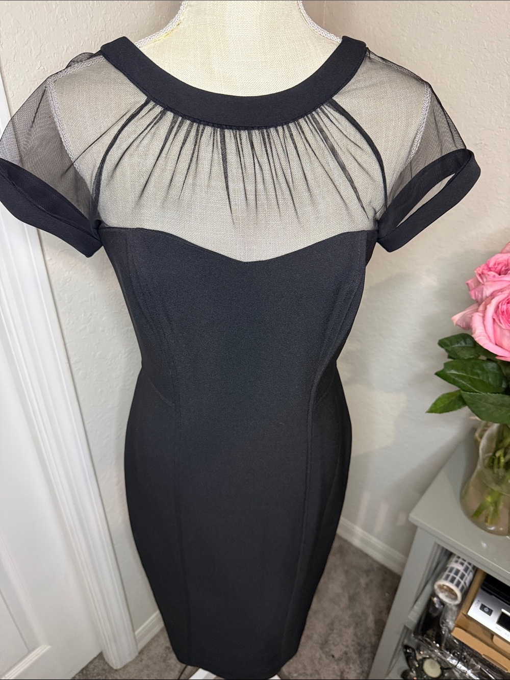Black Sheer Yoke Midi Dress
